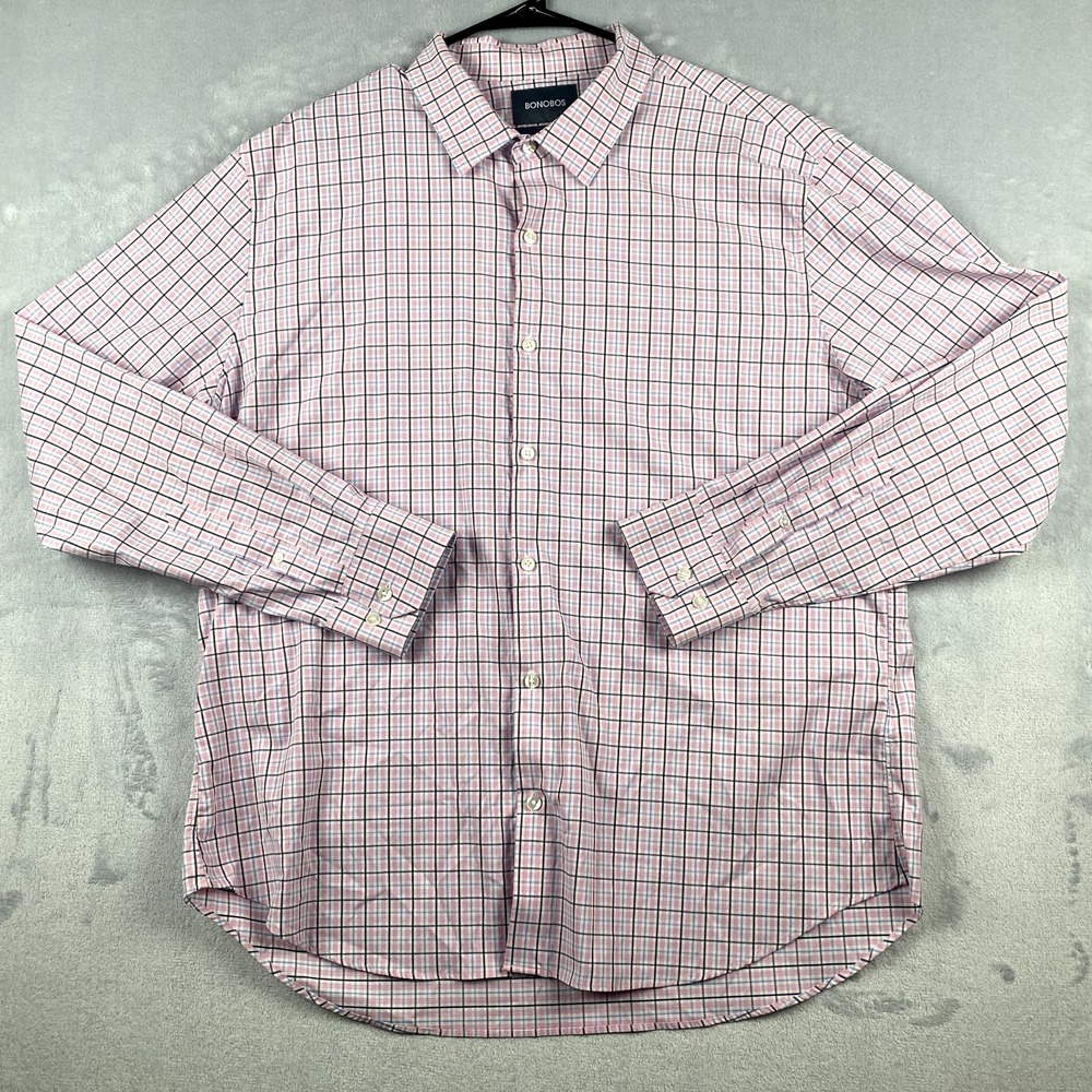 Bonobos Shirt Mens XXL Pink Blue Tartan Plaid Check Button Up Slim Fit